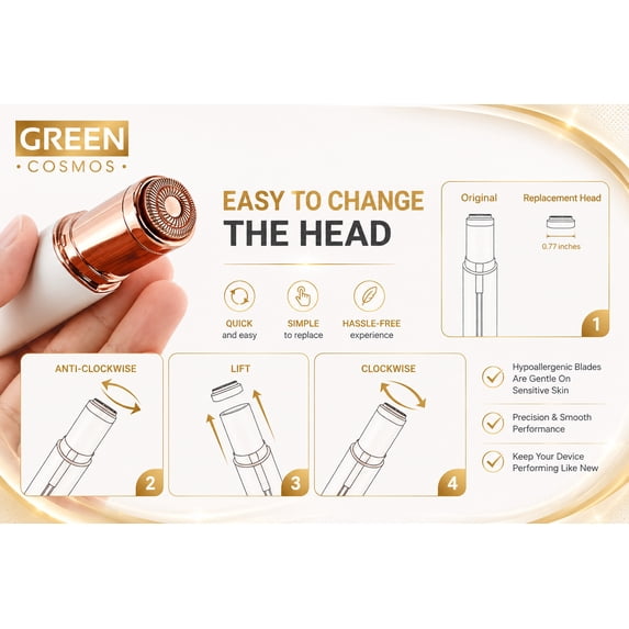 Green Cosmos Replacement Heads for Flawless Facial Hair Trimmer- 8 Pack