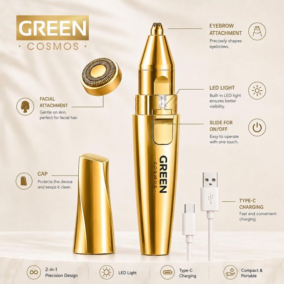 GREEN COSMOS 2-in-1 Rechargeable Eyebrow Trimmer & Facial Hair Remover with LED Light