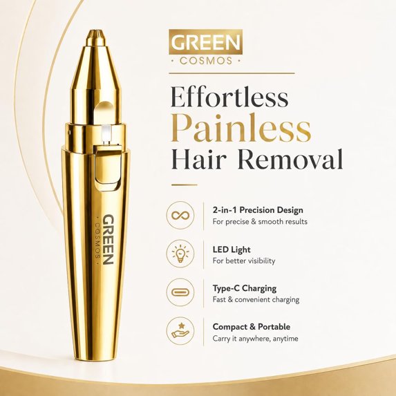 GREEN COSMOS 2-in-1 Rechargeable Eyebrow Trimmer & Facial Hair Remover with LED Light