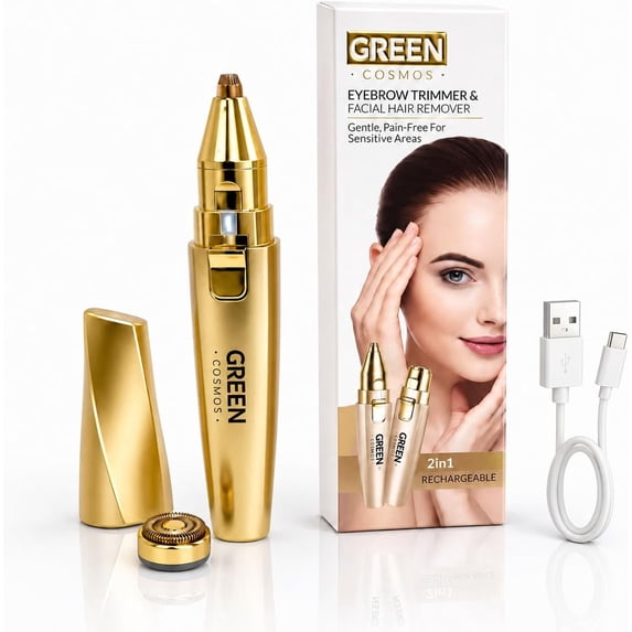 GREEN COSMOS 2-in-1 Rechargeable Eyebrow Trimmer & Facial Hair Remover with LED Light