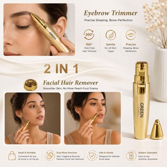 GREEN COSMOS 2-in-1 Rechargeable Eyebrow Trimmer & Facial Hair Remover with LED Light